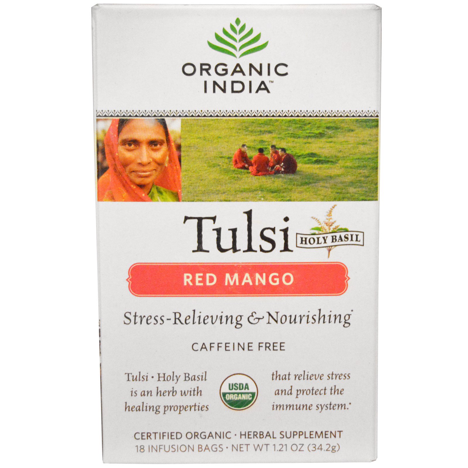 Organic India, Tulsi Holy Basil Tea, CaffeineFree, Red Mango, 18