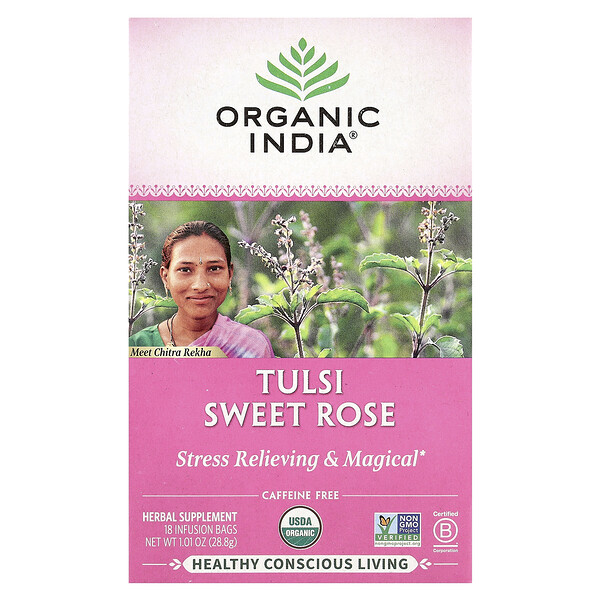Organic India Tulsi Sweet Rose Tea, Caffeine Free, 18 Infusion Bags, 1.01 oz (28.8 g)