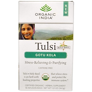 Органик Индиа, Tulsi Holy Basil Tea, Gotu Kola, Caffeine-Free, 18 Infusion Bags, 1.21 oz (34.2 g) отзывы
