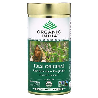 Organic India Листовой чай тулси священный базилик оригинальный вкус без кофеина 100 г (3 5 унции)