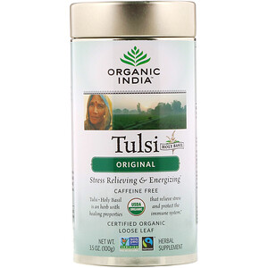Organic India, Листовой чай тулси, священный базилик, оригинальный вкус, без кофеина, 100 г (3,5 унции)
