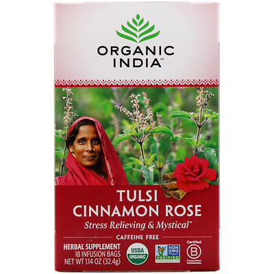 Organic India Tulsi Tea, Cinnamon Rose, Caffeine-Free, 18 Infusion Bags, 1.14 oz (32.4 g)