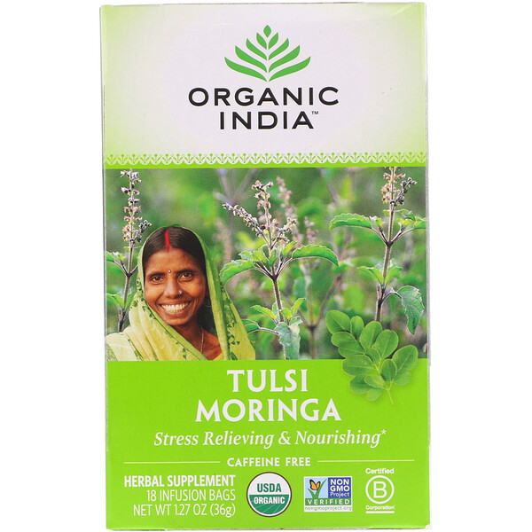 Organic India‏, شاي الحبق رقيق الأزهار والمورينجا، خالٍ من الكافيين، 18 كيس نقع، 1.27 أونصة (36 جرام)