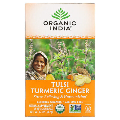 Organic India Tulsi Tea Turmeric Ginger Caffeine-Free 18 Infusion Bags 1.2 oz (34.2 g)