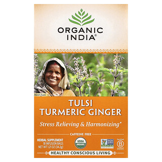 Organic India, Tulsi Turmeric Ginger Tea, Caffeine-Free, 18 Infusion Bags, 1.21 oz (34.2 g)