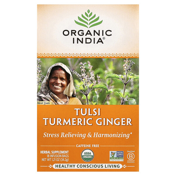 Organic India Tulsi Turmeric Ginger Tea, Caffeine-Free, 18 Infusion Bags, 1.21 oz (34.2 g)
