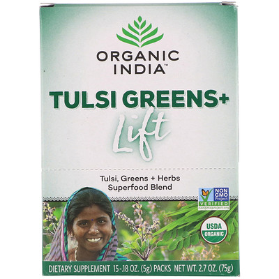 Organic India Tulsi Greens+ Lift, Superfood Blend, 15 Packs, 0.18 oz (5 g) Each