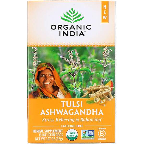 Organic India‏, Tulsi Tea, Ashwagandha, Caffeine-Free, 18 Infusion Bags, 1.27 oz (36 g)