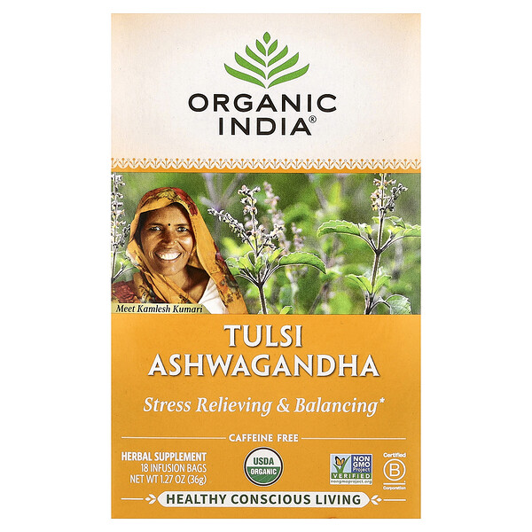 Organic India Tulsi Ashwagandha Tea, Caffeine Free, 18 Infusion Bags, 1.27 oz (36 g)