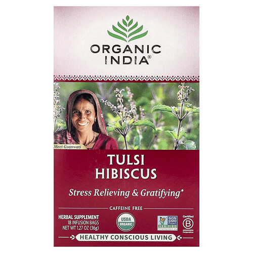 Organic India Tulsi Hibiscus Tea, Caffeine-Free, 18 Infusion Bags, 1.27 oz (36 g)