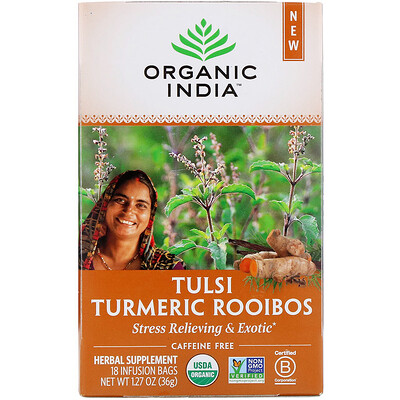 Organic India Tulsi Tea, Turmeric Rooibos, Caffeine-Free, 18 Infusion Bags, 1.27 oz (36 g)