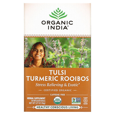 Organic India, Tulsi Tea, Turmeric Rooibos, Caffeine-Free, 18 Infusion Bags, 1.27 oz (36 g)