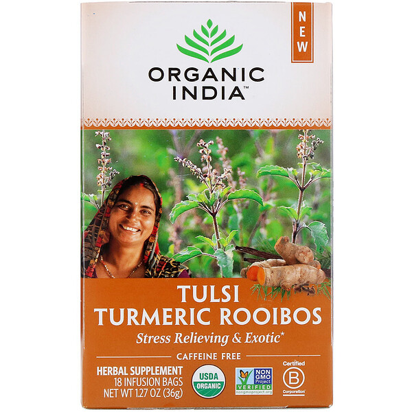 Tulsi Tea, Turmeric Rooibos, Caffeine-Free, 18 Infusion Bags, 1.27 oz (36 g)