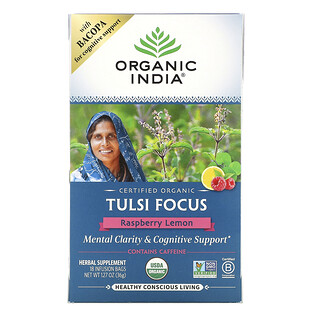 Organic India, Tulsi Tea, Focus, Raspberry Lemon, 18 Infusion Bags, 1.27 oz (36 g)