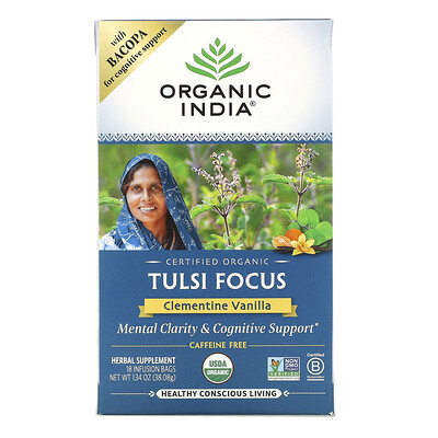 Organic India Tulsi Focus Clementine Vanilla Caffeine Free 18 Infusion Bags 1.34 oz (38.08 g)