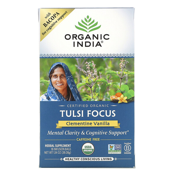 Tulsi Tea, Focus, Clementine Vanilla, Caffeine Free, 18 Infusion Bags, 1.34 oz (38.08 g)