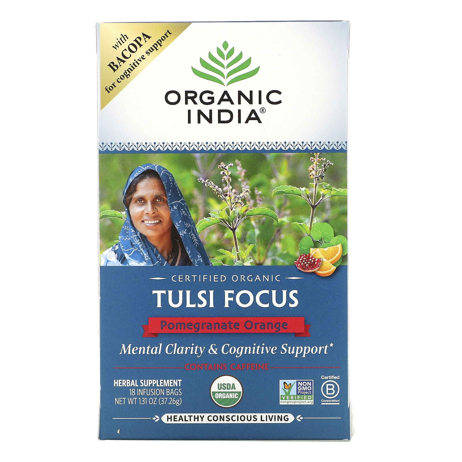Organic India Tulsi Focus トゥルシーフォーカス ティーバッグ18袋 37.26g ブランド激安セール会場 83％以上節約 ザクロオレンジ 1.31オンス