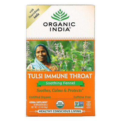 Organic India Tulsi Immune Throat Soothing Fennel Caffeine-Free 18 Infusion Bags 1.27 oz (36 g)