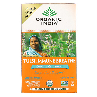 Organic India Tulsi Immune Breathe Cooling Cardamom Caffeine-Free 18 Infusion Bags 1.27 oz (36 g)