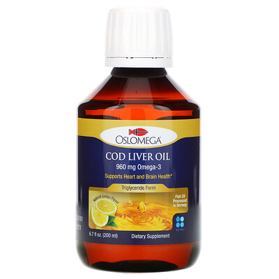 Oslomega Жир печени норвежской трески, натуральный лимонный вкус, 960 мг, 200 мл (6,7 жидк. унции)