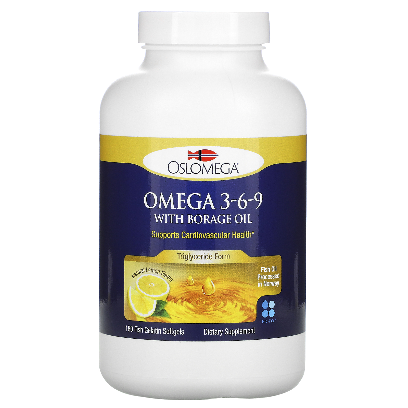 Mislukking Hij vod Oslomega, Norwegian Omega 3-6-9 with Borage Oil, Lemon Flavor, 180 Fish  Gelatin Softgels