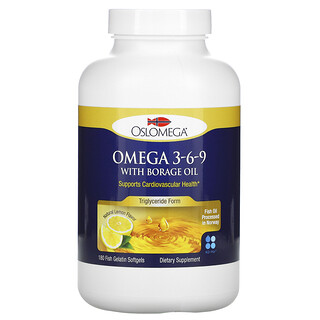 Oslomega, Norwegisches Omega 3-6-9 mit Borretschöl, Zitronengeschmack, 180 Weichkapseln aus Fischgelatine