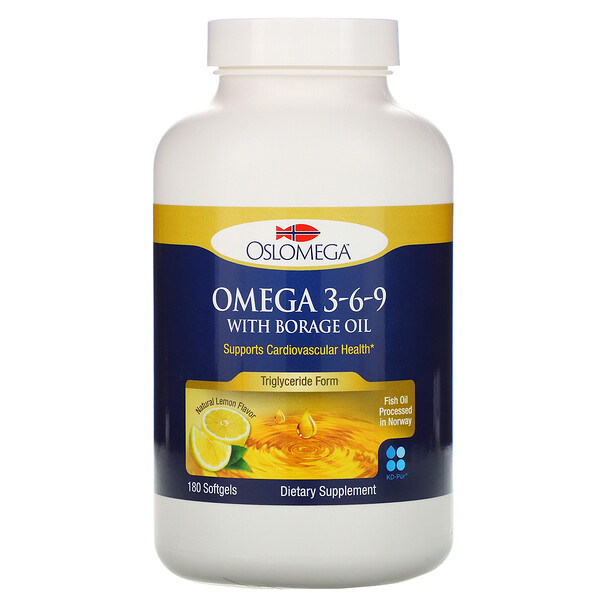 Oslomega, Norwegian Omega 3-6-9 с маслом бурачника, со вкусом лимона, 180 мягких капсул из рыбного желатина