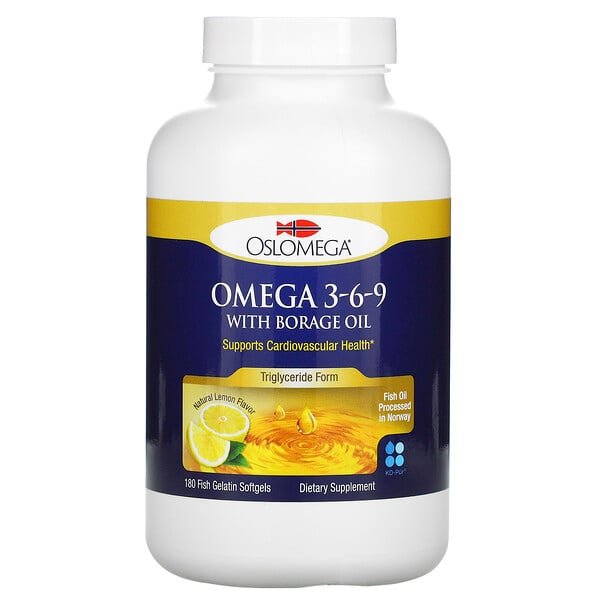 Oslomega, Omega 3-6-9 Norwegia dengan Minyak Borage, Rasa Lemon, 180 Kapsul Gel Lunak Gelatin Ikan