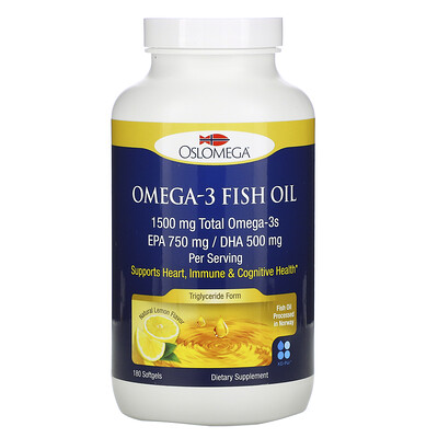 Oslomega норвежская серия, рыбий жир с омега-3, лимонный вкус, 180 рыбно-желатиновых капсул
