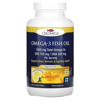 Oslomega, Huile de poisson riche en oméga-3, 750 mg d'EPA, 500 mg de DHA, Arôme naturel de citron, 180 capsules à enveloppe molle à base de gélatine de poisson