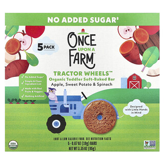 Once Upon A Farm, Tractor Wheels™, Batangan Panggang Lembut untuk Balita Organik, Apel, Ubi Jalar & Bayam, 5 Bungkus, Masing-Masing 19 g (0,67 ons)