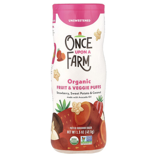 Once Upon A Farm, Organic Fruit & Veggie Puffs, Bio-Frucht- und Gemüse-Puffs, Raupen, Erdbeere, Süßkartoffel und Kokosnuss, ungesüßt, 42,5 g (1,5 oz.)