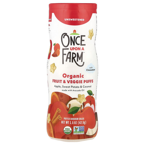 Once Upon A Farm, Organic Fruit & Veggie Puffs, Bio-Obst und Gemüse-Puffs, Krauser, Apfel, Süßkartoffel und Kokosnuss mit Zimt, ungesüßt, 42,5 g (1,5 oz.)