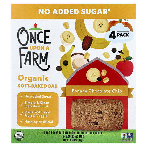 Once Upon A Farm, Baton moale copt organic, banană cu fulgi de ciocolată, 4 batoane, 34 g fiecare