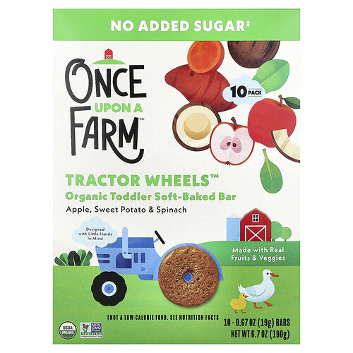 Once Upon A Farm, Tractor Rad™, Organic Toddler Soft-Baked Bar, weicher Bio-Riegel für Kleinkinder, Apfel, Süßkartoffel und Spinat, 10 Riegel, je 19 g (0,67 oz.).