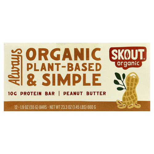 Skout Organic Protein Bar, Peanut Butter, 12 Bars, 1.9 oz (55 g) Each