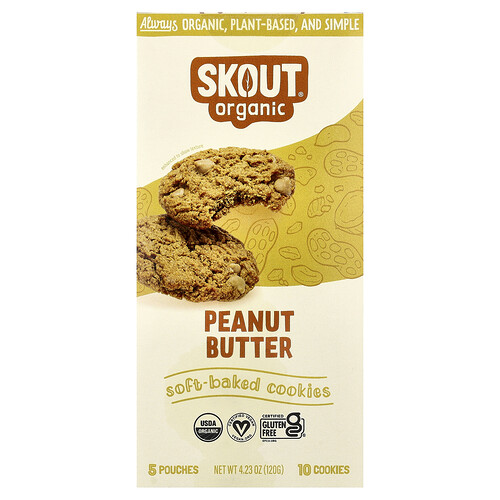 Skout Organic Soft-Baked Cookies, Peanut Butter, 5 Pouches, 2 Cookies (24 g) Each