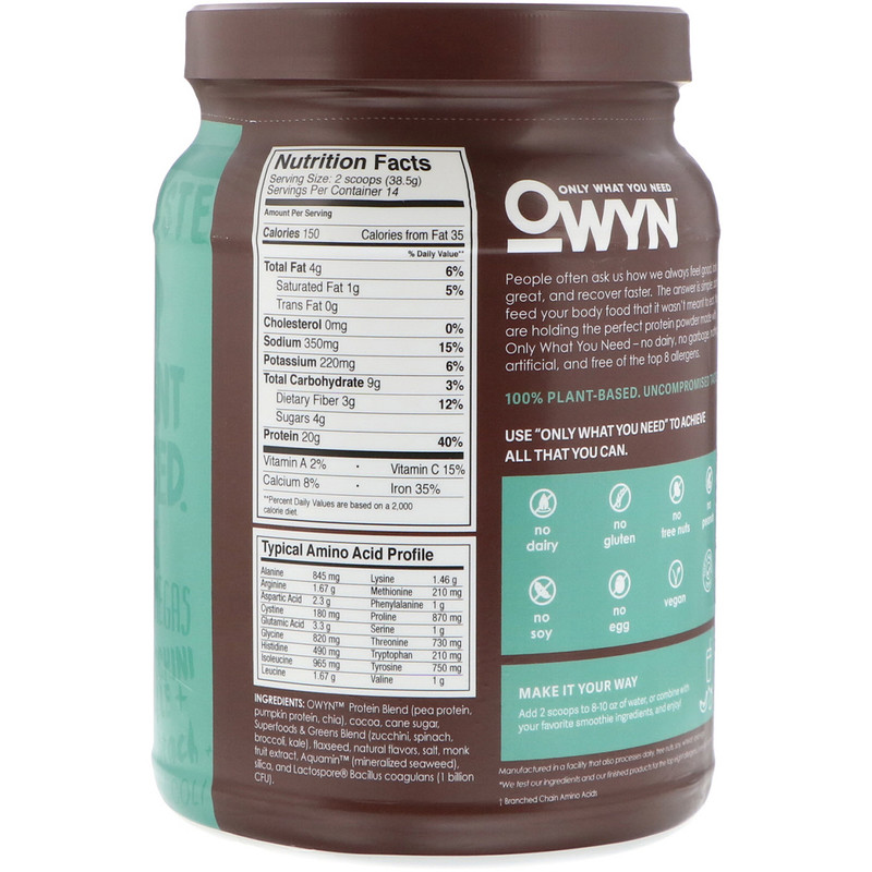 OWYN, Protein, 100 PlantBased Powder, Dark Chocolate, 1.2 lb (539 g