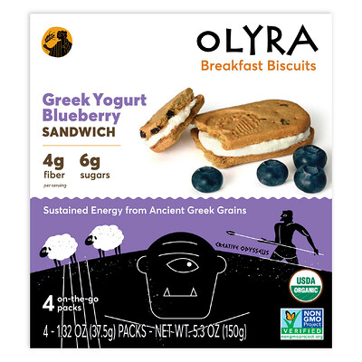 Product Image for Olyra, Organic Breakfast Biscuits, Greek Yogurt Blueberry Sandwich, 4 Packs, 1.32 oz (37.5 g) Each