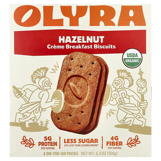 Olyra, Crème ontbijtkoekjes, hazelnoot, 4 verpakkingen voor onderweg, elk 37,5 g