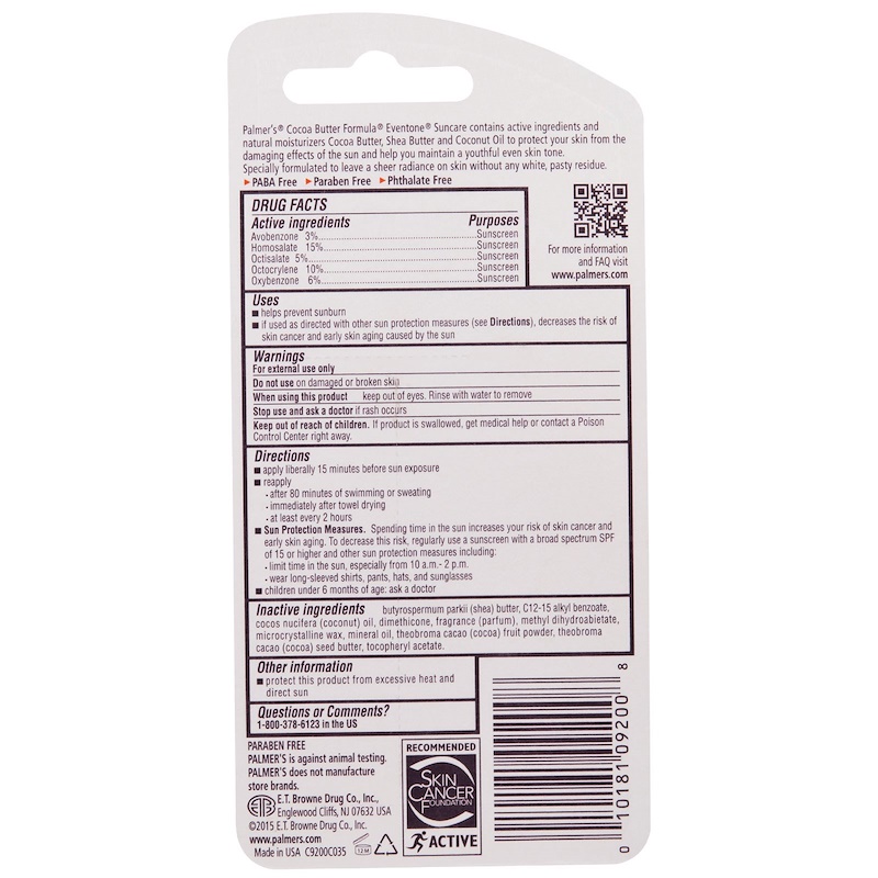 Palmer's, Cocoa Butter Formula, Eventone Suncare, Sunscreen Stick, SPF
