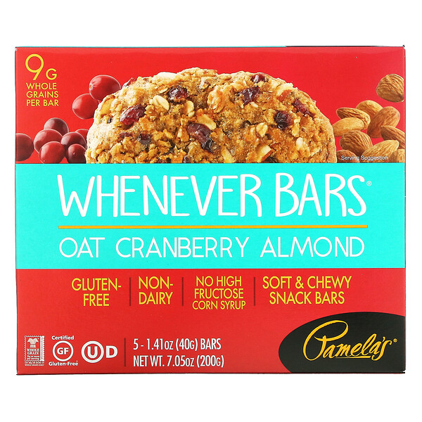 Pamela's Products, Whenever Bars, Oat Cranberry Almond, 5 Bars, 1.41 oz (40 g) Each