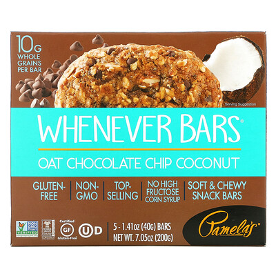 Pamela's Products Wheever Bars, овсяные шоколадные крошки и кокос, 5 батончиков по 40 г (1,41 унции)