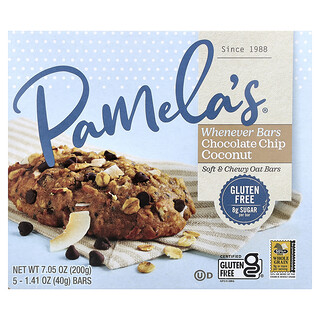 Pamela's Products, Barritas siempre que sea, Chips de chocolate y coco, 5 barritas, 40 g (1,41 oz) cada una