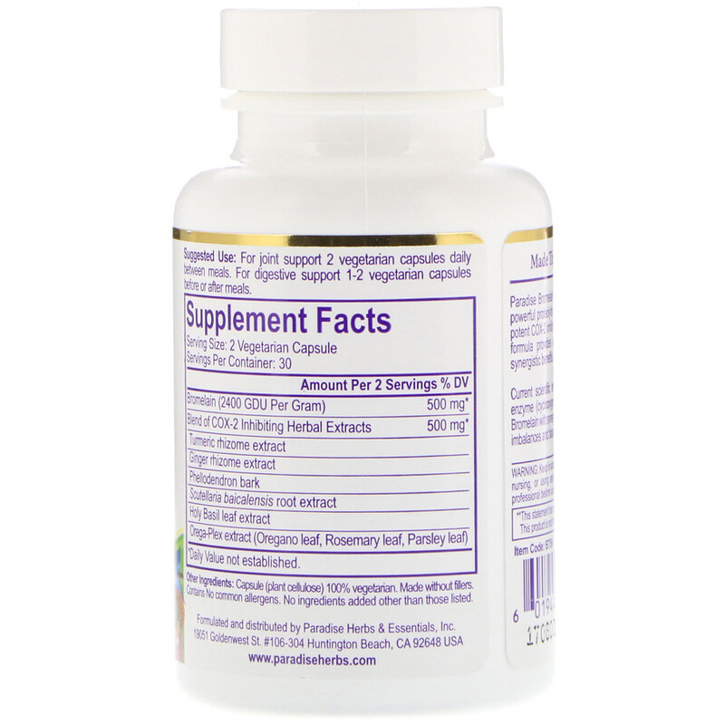 Paradise Herbs, Bromelain, Joint & Digestive Formula, 500 mg, 60