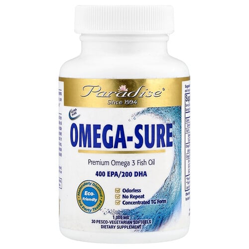 Paradise Herbs, Omega Sure®, Premium Omega-3 Fish Oil, hochwertiges Omega-3-Fischöl, 1.000 mg, 30 vegetarische Pisco-Weichkapseln