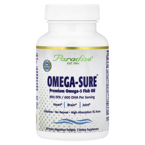 Paradise Herbs, Omega Sure®, Aceite de pescado con omega-3 prémium, 30 cápsulas blandas vegetales Pesco