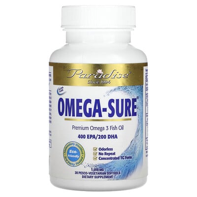 

Paradise Herbs Omega Sure, концентрат омега-3, 1000 мг, 30 капсул в растительной оболочке Pesco