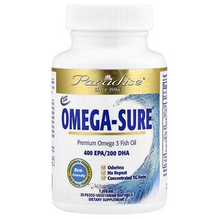 بارادايس هربس‏, Omega Sure® ، زيت السمك الغني بأوميجا 3 الممتاز ، 1،000 ملجم ، 30 كبسولة هلامية نباتية من بيسكو