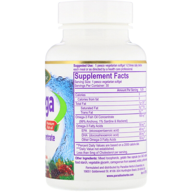 Paradise Herbs, Omega Sure, Omega3 Premium Fish Oil, 1,000 mg, 30